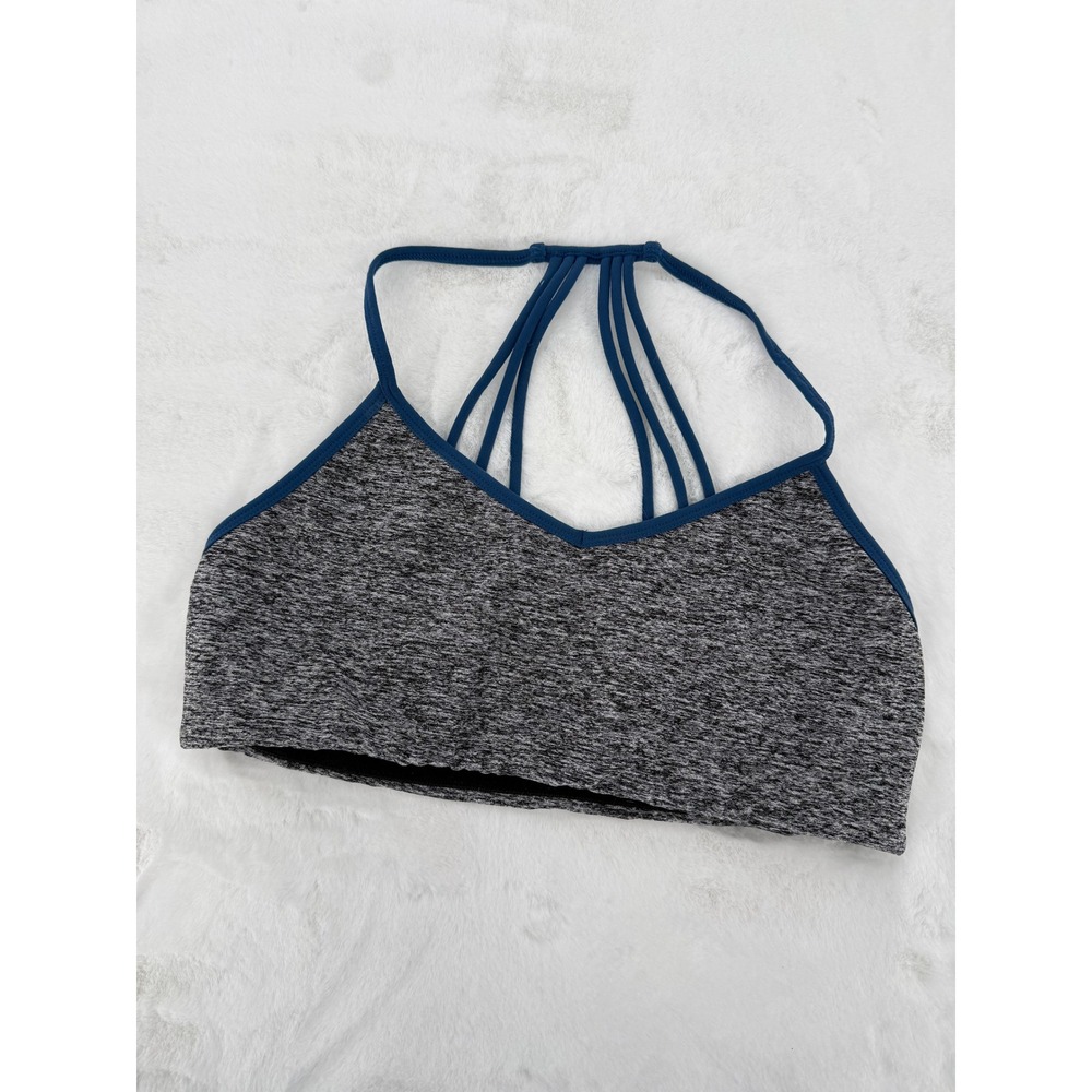 Express EXP CORE Sports Bra Womens‎ L Gray Space Dye Strappy Cage Back Teal Trim